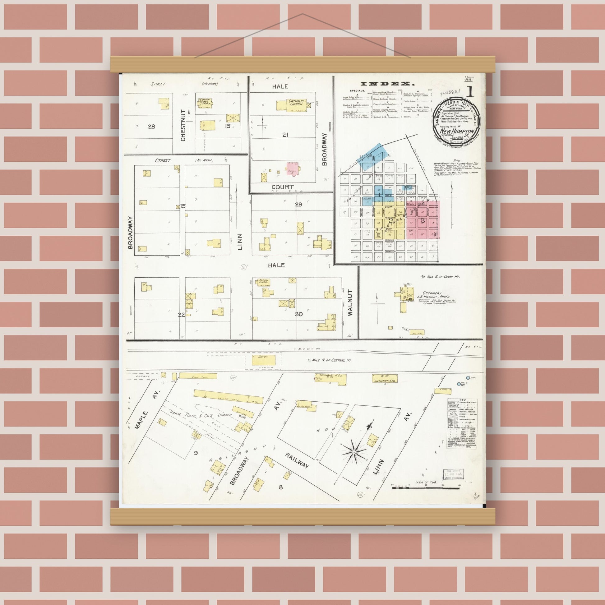 Old map wall art mockup — magnetic wood frame on brick wall — Sanborn Fire Insurance Map from New Hampton, Chickasaw County, Iowa (1892) â€” Complete Set