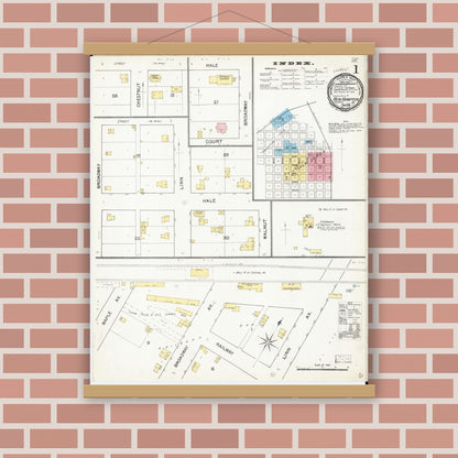 Old map wall art mockup — magnetic wood frame on brick wall — Sanborn Fire Insurance Map from New Hampton, Chickasaw County, Iowa (1892) â€” Complete Set