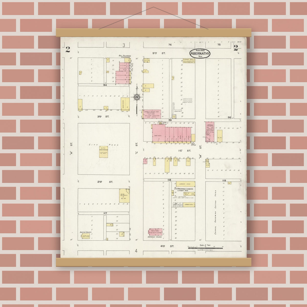 Old map wall art mockup — magnetic wood frame on brick wall — Sanborn Fire Insurance Map from Abernathy, Hale County, Texas (1925), Sheet #0002