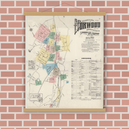 Old map wall art mockup — magnetic wood frame on brick wall — Sanborn Fire Insurance Map from Norwood, Norfolk County, Massachusetts (1915), Sheet #0001