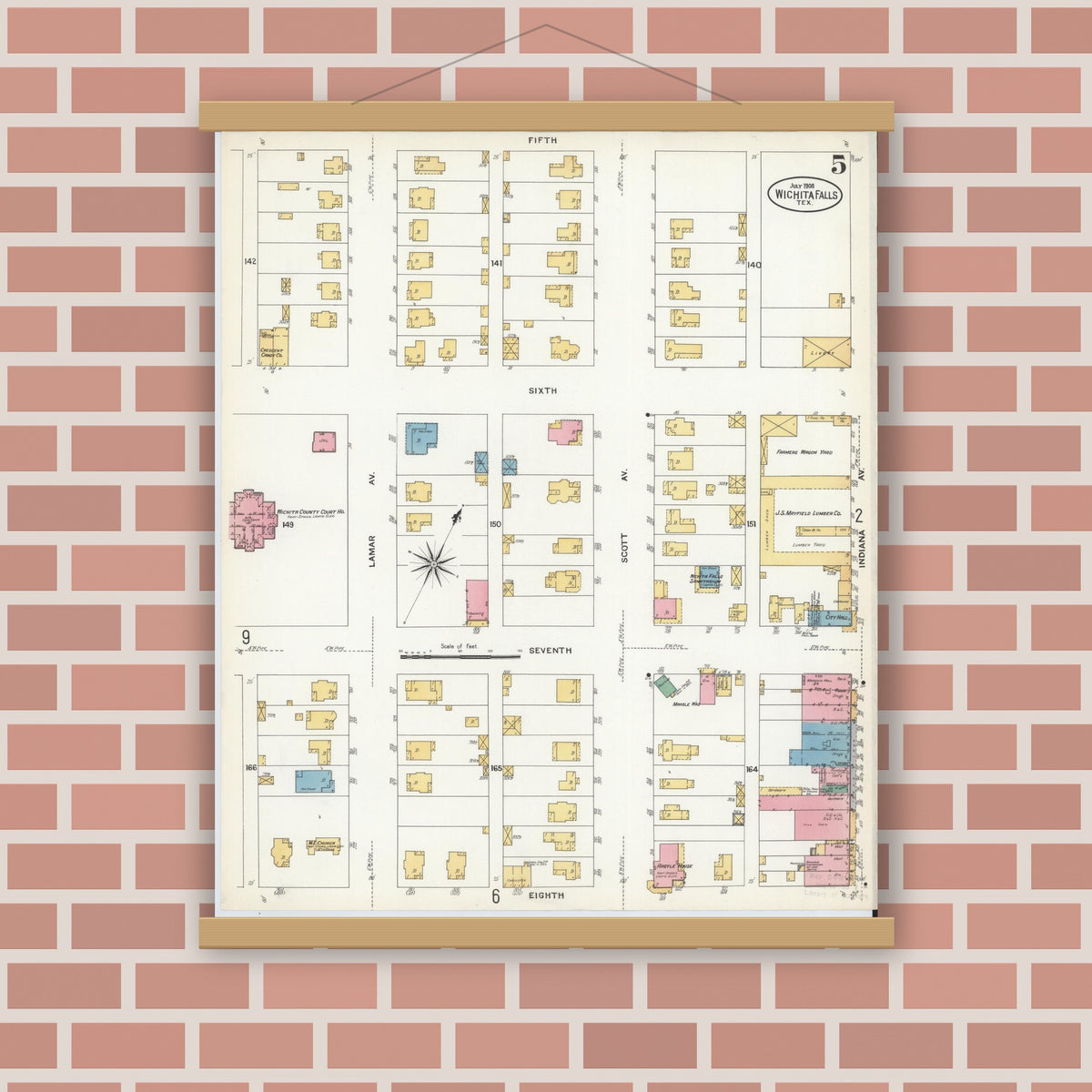 Old map wall art mockup — magnetic wood frame on brick wall — Sanborn Fire Insurance Map from Wichita Falls, Wichita County, Texas (1908), Sheet #0005
