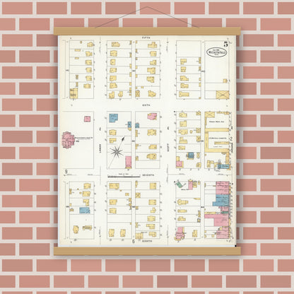 Old map wall art mockup — magnetic wood frame on brick wall — Sanborn Fire Insurance Map from Wichita Falls, Wichita County, Texas (1908), Sheet #0005