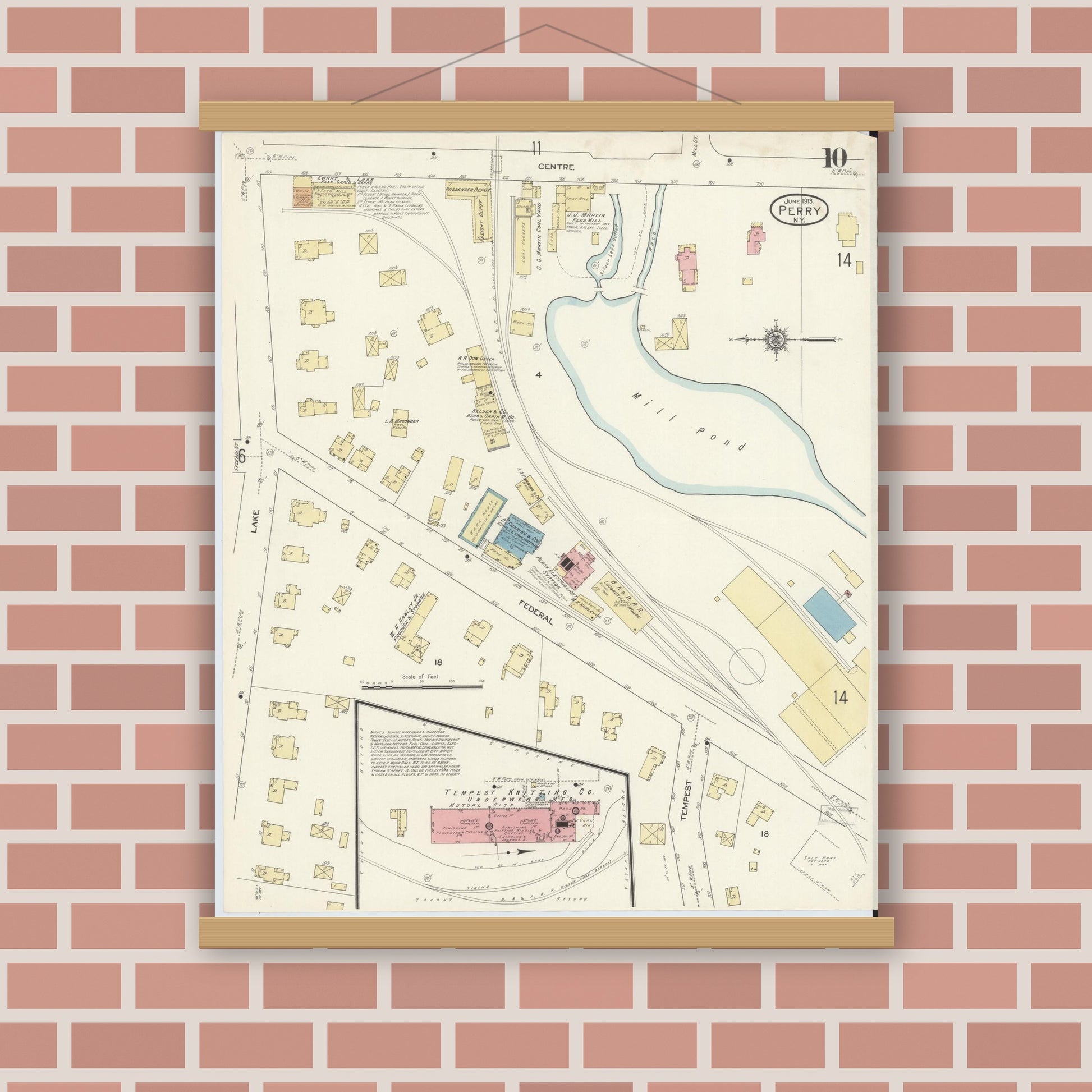 Old map wall art mockup — magnetic wood frame on brick wall — Sanborn Fire Insurance Map from Perry, Wyoming County, New York (1913), Sheet #0010