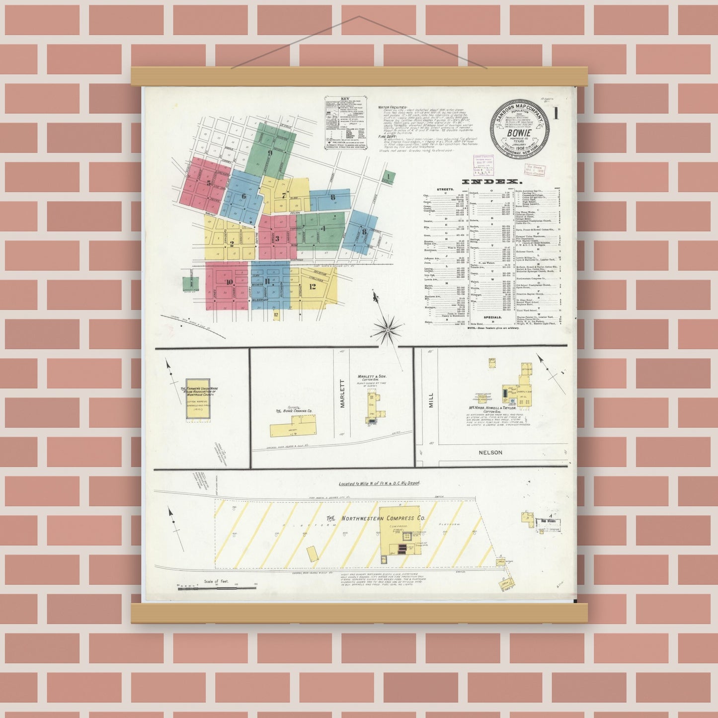 Old map wall art mockup — magnetic wood frame on brick wall — Sanborn Fire Insurance Map from Bowie, Montague County, Texas (1908), Sheet #0001