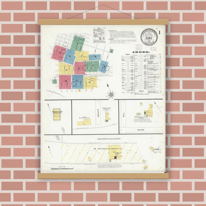 Old map wall art mockup — magnetic wood frame on brick wall — Sanborn Fire Insurance Map from Bowie, Montague County, Texas (1908), Sheet #0001
