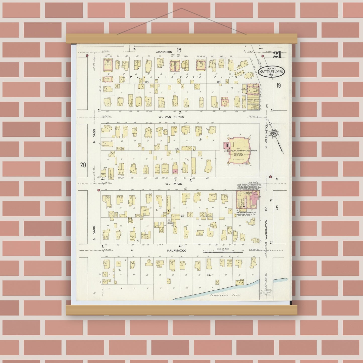 Old map wall art mockup — magnetic wood frame on brick wall — Sanborn Fire Insurance Map from Battle Creek, Calhoun County, Michigan (1913), Sheet #0021