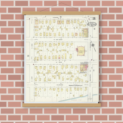 Old map wall art mockup — magnetic wood frame on brick wall — Sanborn Fire Insurance Map from Battle Creek, Calhoun County, Michigan (1913), Sheet #0021