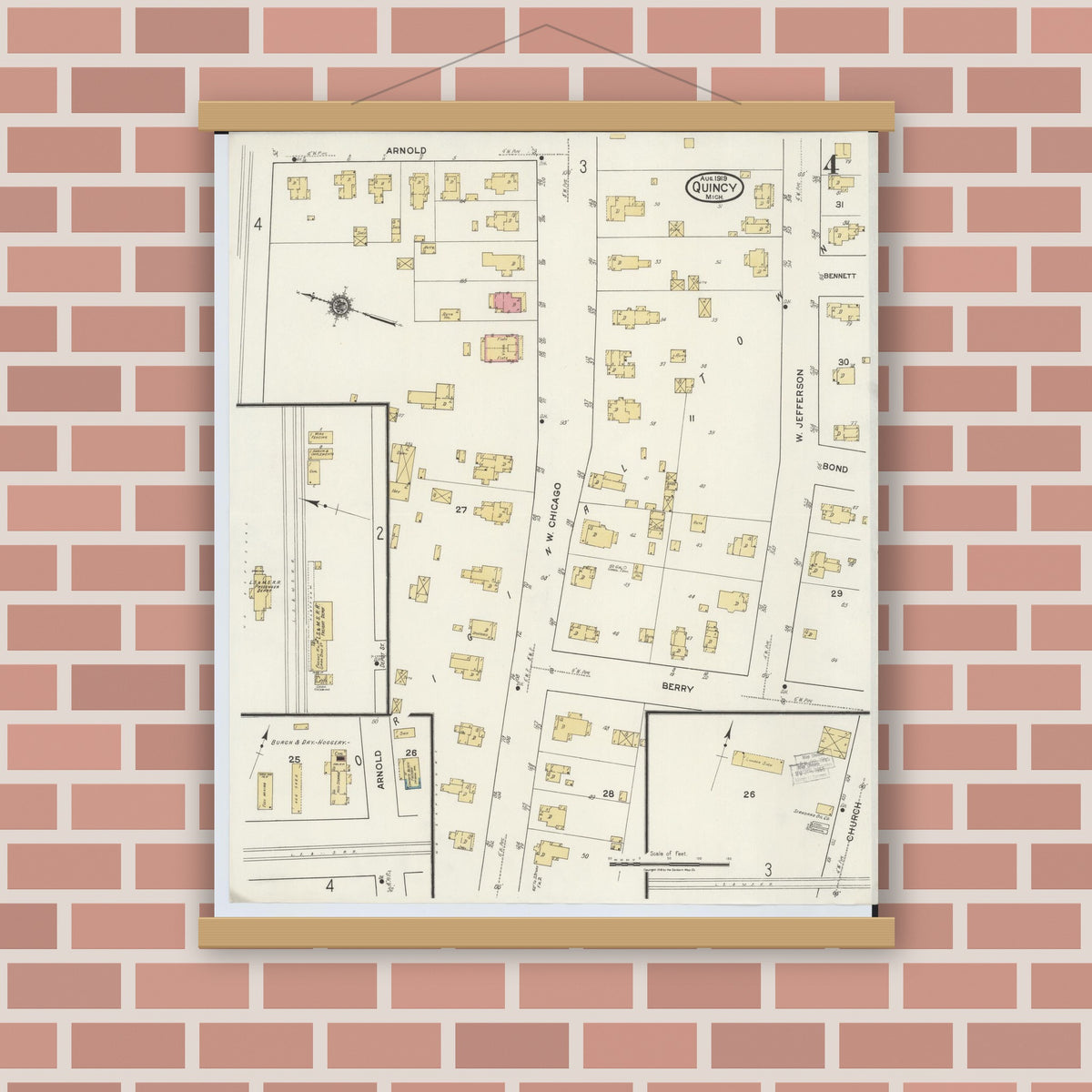 Old map wall art mockup — magnetic wood frame on brick wall — Sanborn Fire Insurance Map from Quincy, Branch County, Michigan (1919), Sheet #0004