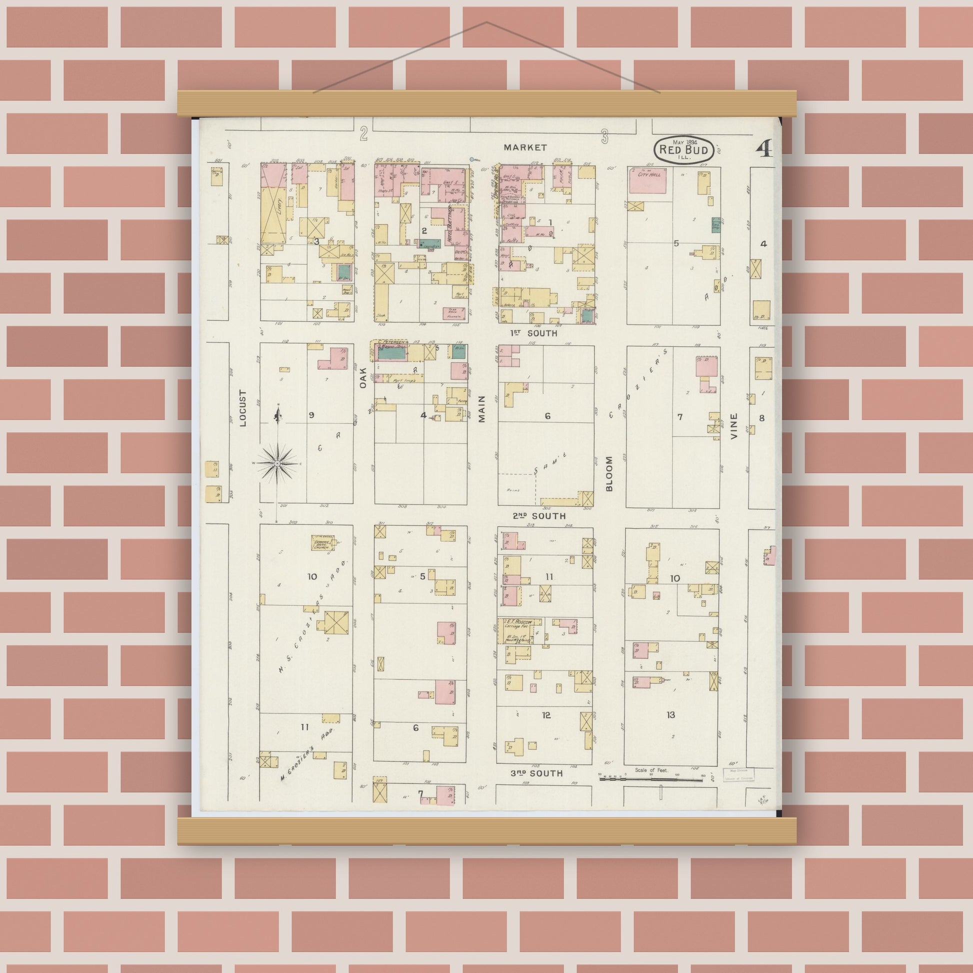 Old map wall art mockup — magnetic wood frame on brick wall — Sanborn Fire Insurance Map from Red Bud, Randolph County, Illinois (1894), Sheet #0004
