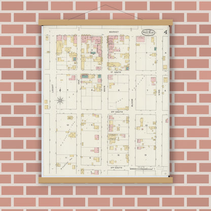 Old map wall art mockup — magnetic wood frame on brick wall — Sanborn Fire Insurance Map from Red Bud, Randolph County, Illinois (1894), Sheet #0004