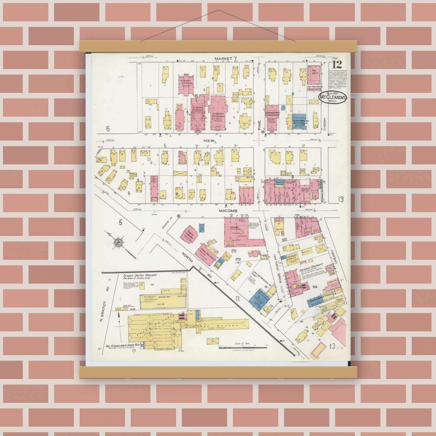 Old map wall art mockup — magnetic wood frame on brick wall — Sanborn Fire Insurance Map from Mount Clemens, Macomb County, Michigan (1921), Sheet #0012