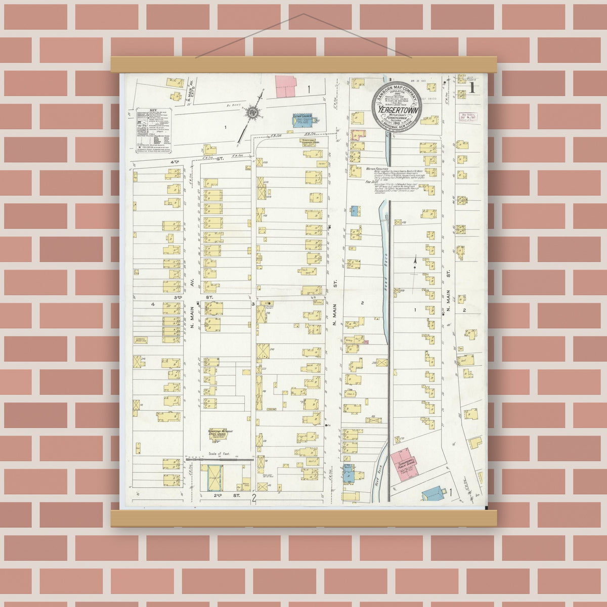 Old map wall art mockup — magnetic wood frame on brick wall — Sanborn Fire Insurance Map from Yeagertown, Mifflin County, Pennsylvania (1910) - Complete Map Set