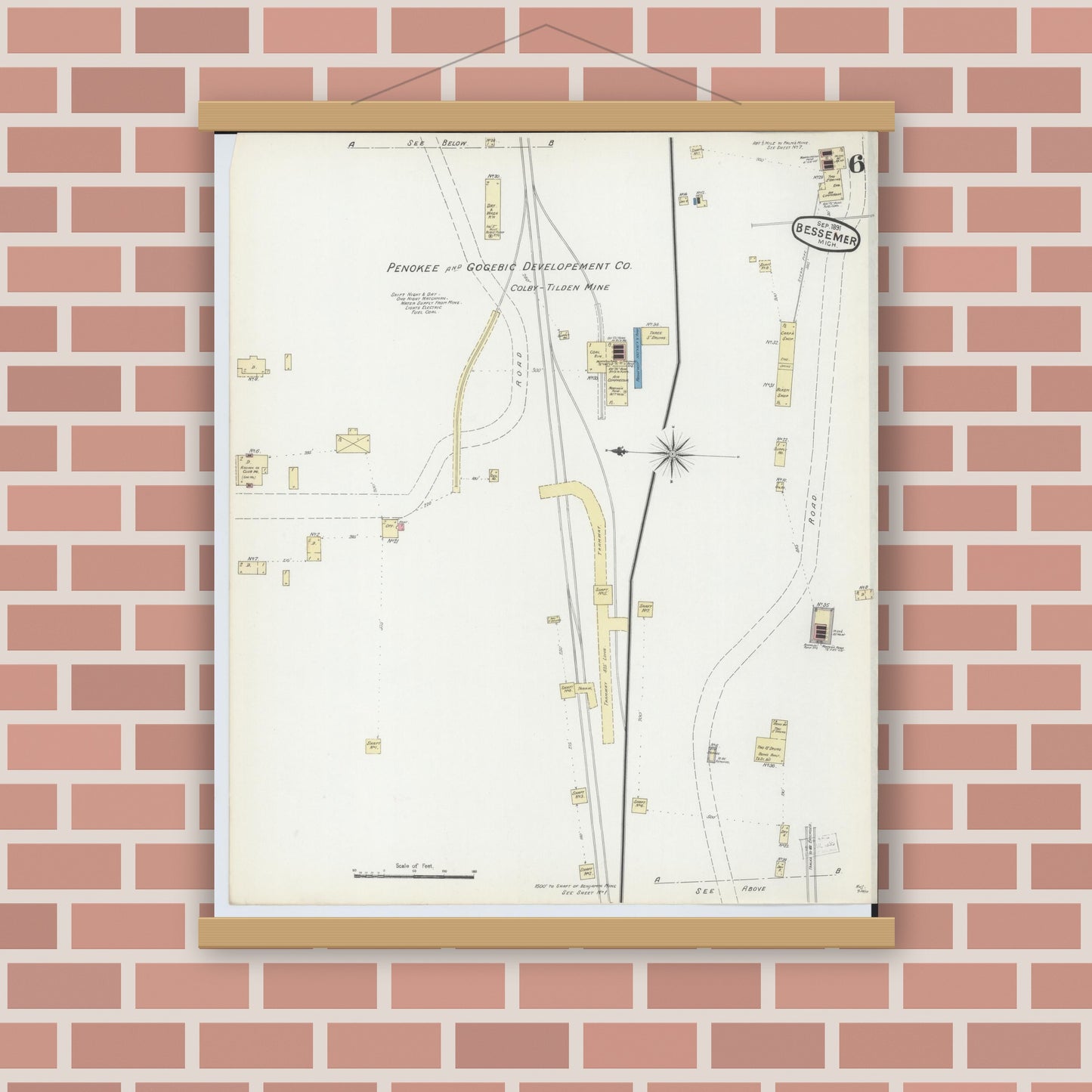 Old map wall art mockup — magnetic wood frame on brick wall — Sanborn Fire Insurance Map from Bessemer, Gogebic County, Michigan (1891), Sheet #0006