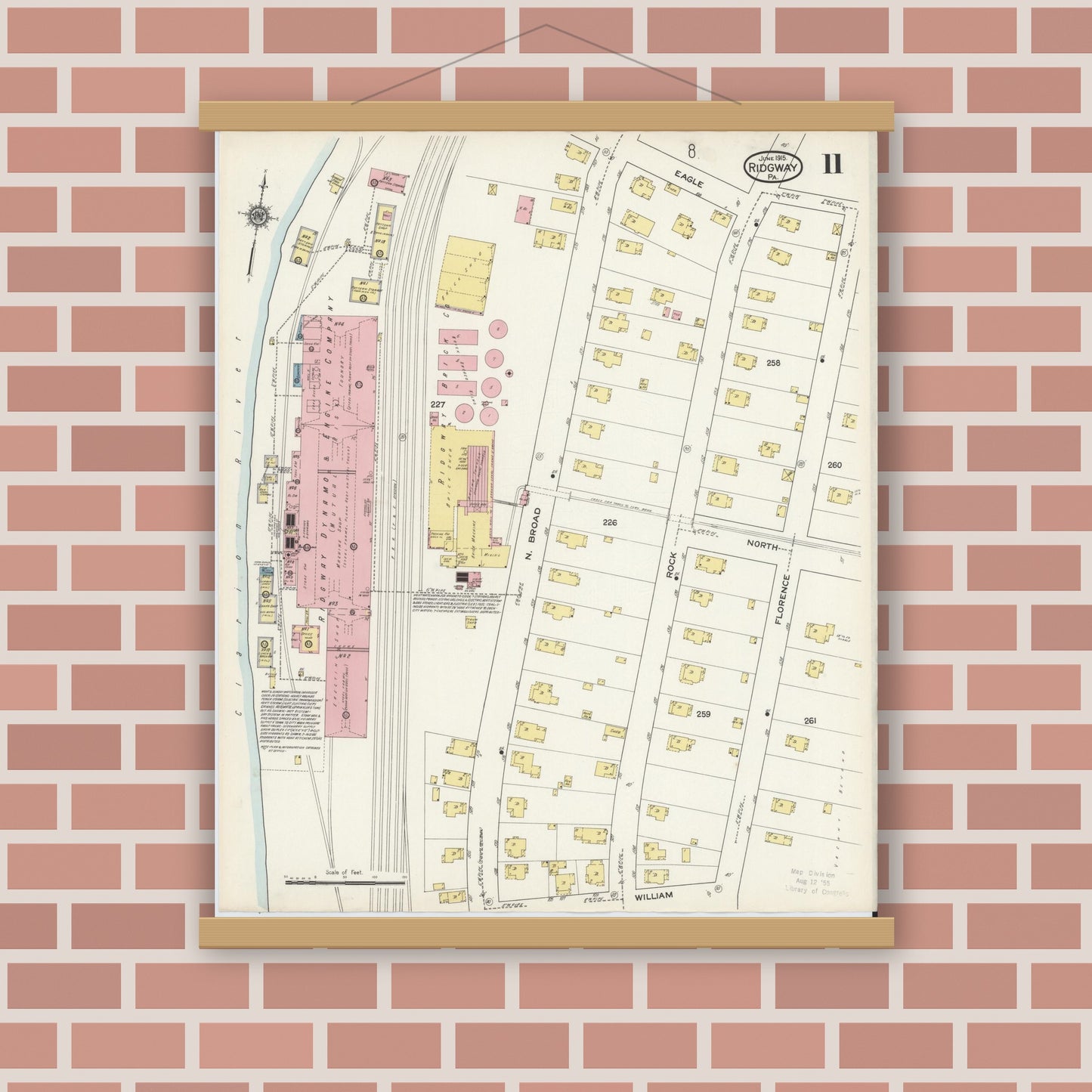 Old map wall art mockup — magnetic wood frame on brick wall — Sanborn Fire Insurance Map from Ridgway, Elk County, Pennsylvania (1915), Sheet #0011