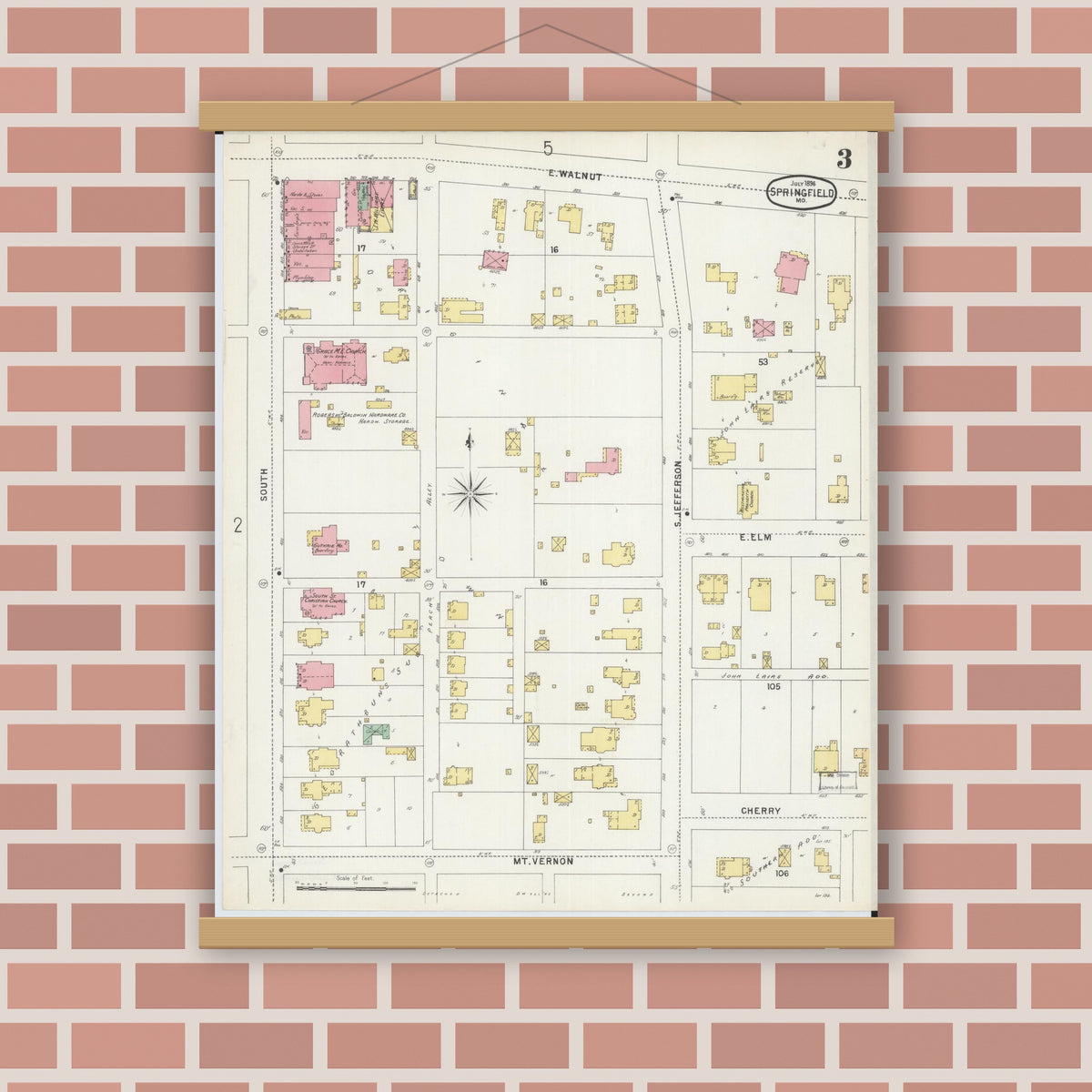 Old map wall art mockup — magnetic wood frame on brick wall — Sanborn Fire Insurance Map from Springfield, Greene County, Missouri (1896), Sheet #0003