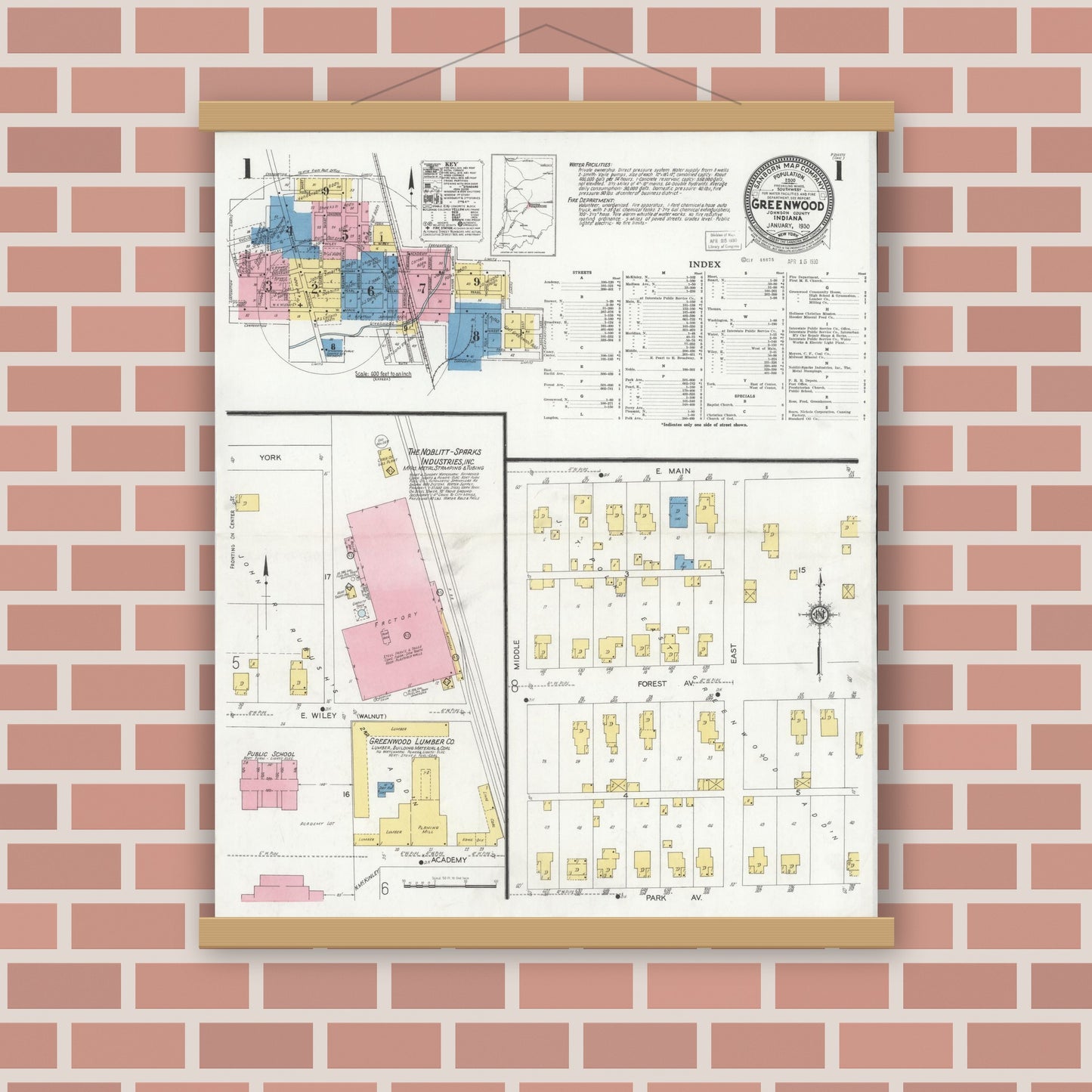 Old map wall art mockup — magnetic wood frame on brick wall — Sanborn Fire Insurance Map from Greenwood, Johnson County, Indiana (1930) - Complete Map Set