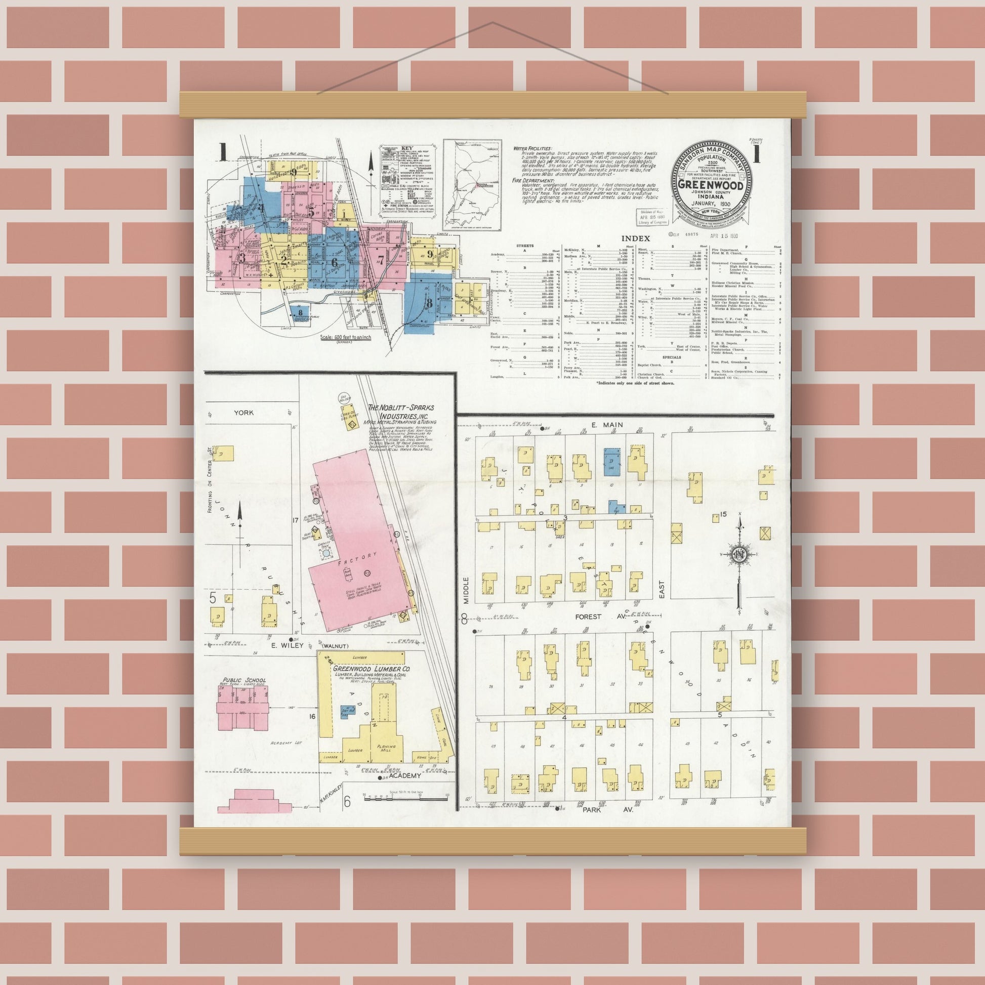 Old map wall art mockup — magnetic wood frame on brick wall — Sanborn Fire Insurance Map from Greenwood, Johnson County, Indiana (1930) - Complete Map Set