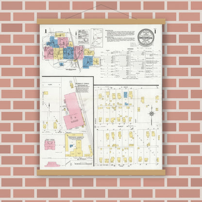 Old map wall art mockup — magnetic wood frame on brick wall — Sanborn Fire Insurance Map from Greenwood, Johnson County, Indiana (1930) - Complete Map Set
