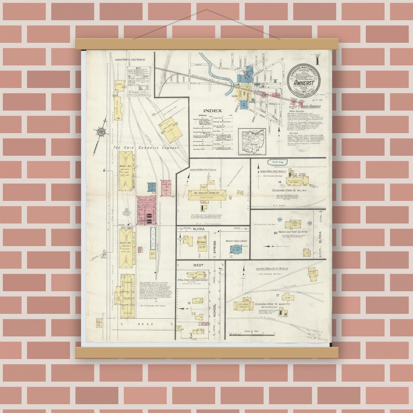 Old map wall art mockup — magnetic wood frame on brick wall — Sanborn Fire Insurance Map from Amherst, Lorain County, Ohio (1913), Sheet #0001