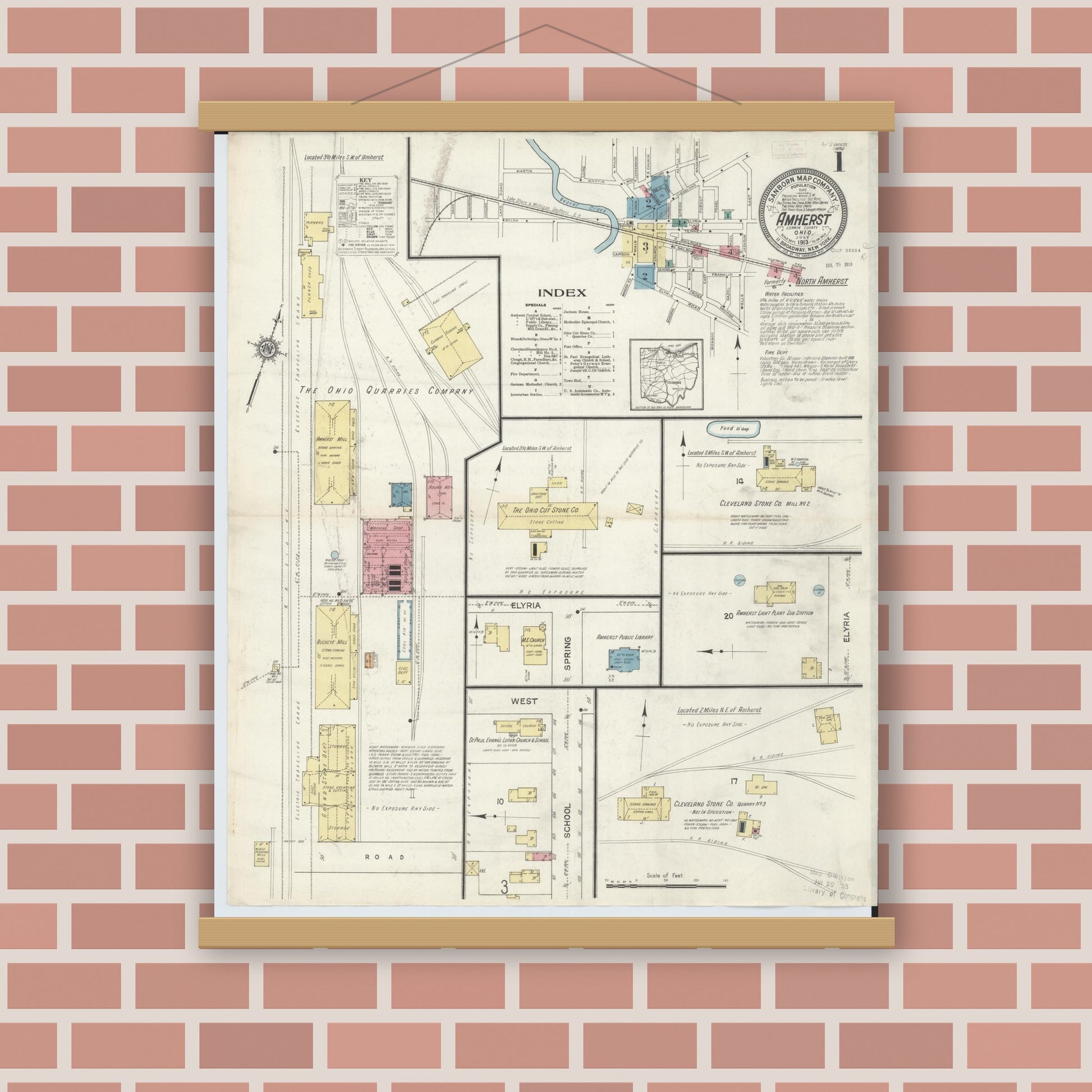 Old map wall art mockup — magnetic wood frame on brick wall — Sanborn Fire Insurance Map from Amherst, Lorain County, Ohio (1913), Sheet #0001