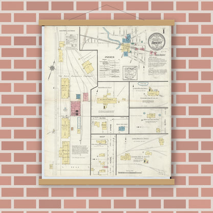 Old map wall art mockup — magnetic wood frame on brick wall — Sanborn Fire Insurance Map from Amherst, Lorain County, Ohio (1913), Sheet #0001