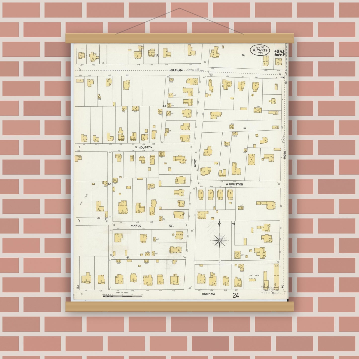 Old map wall art mockup — magnetic wood frame on brick wall — Sanborn Fire Insurance Map from Paris, Lamar County, Texas (1902), Sheet #0023