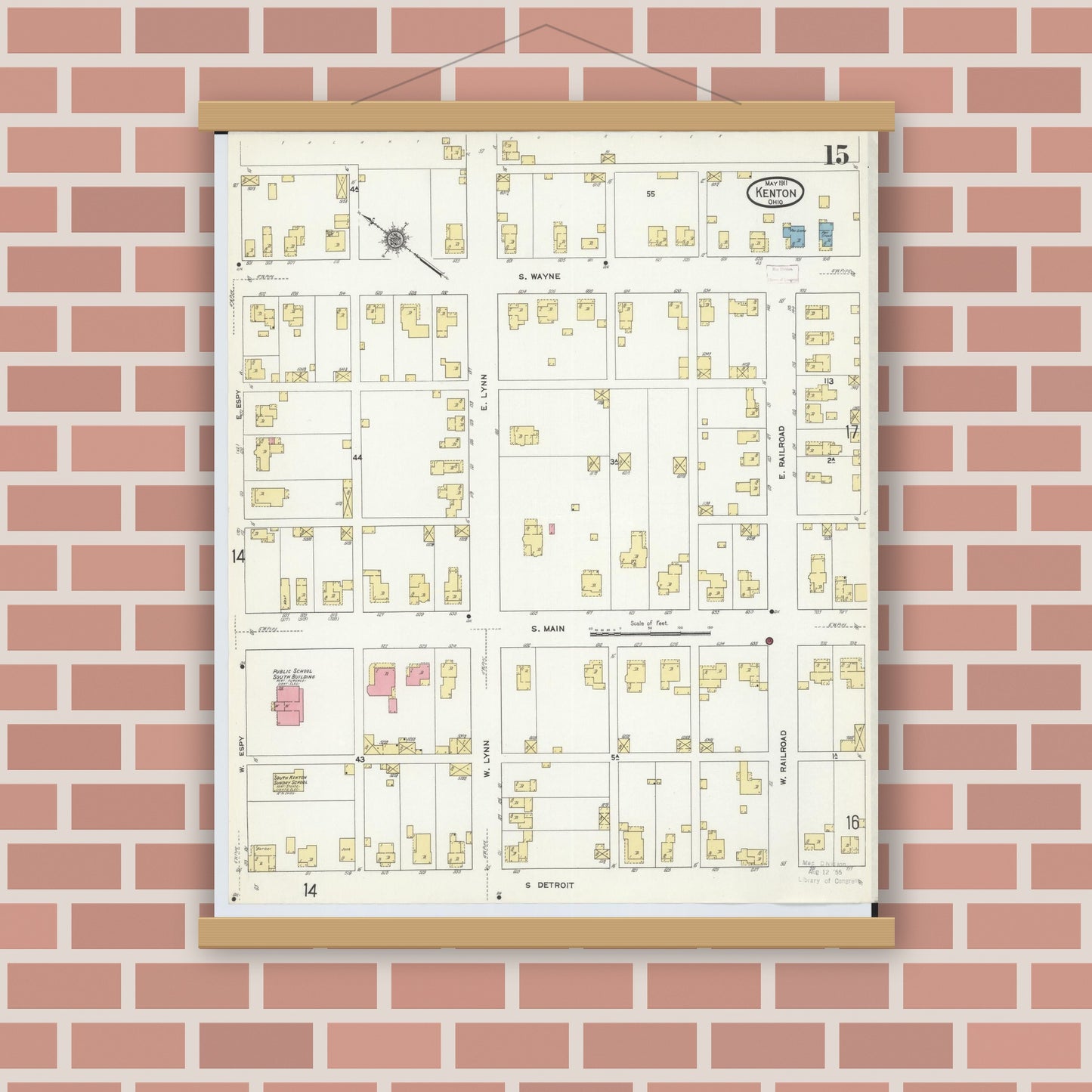 Old map wall art mockup — magnetic wood frame on brick wall — Sanborn Fire Insurance Map from Kenton, Hardin County, Ohio (1911), Sheet #0015