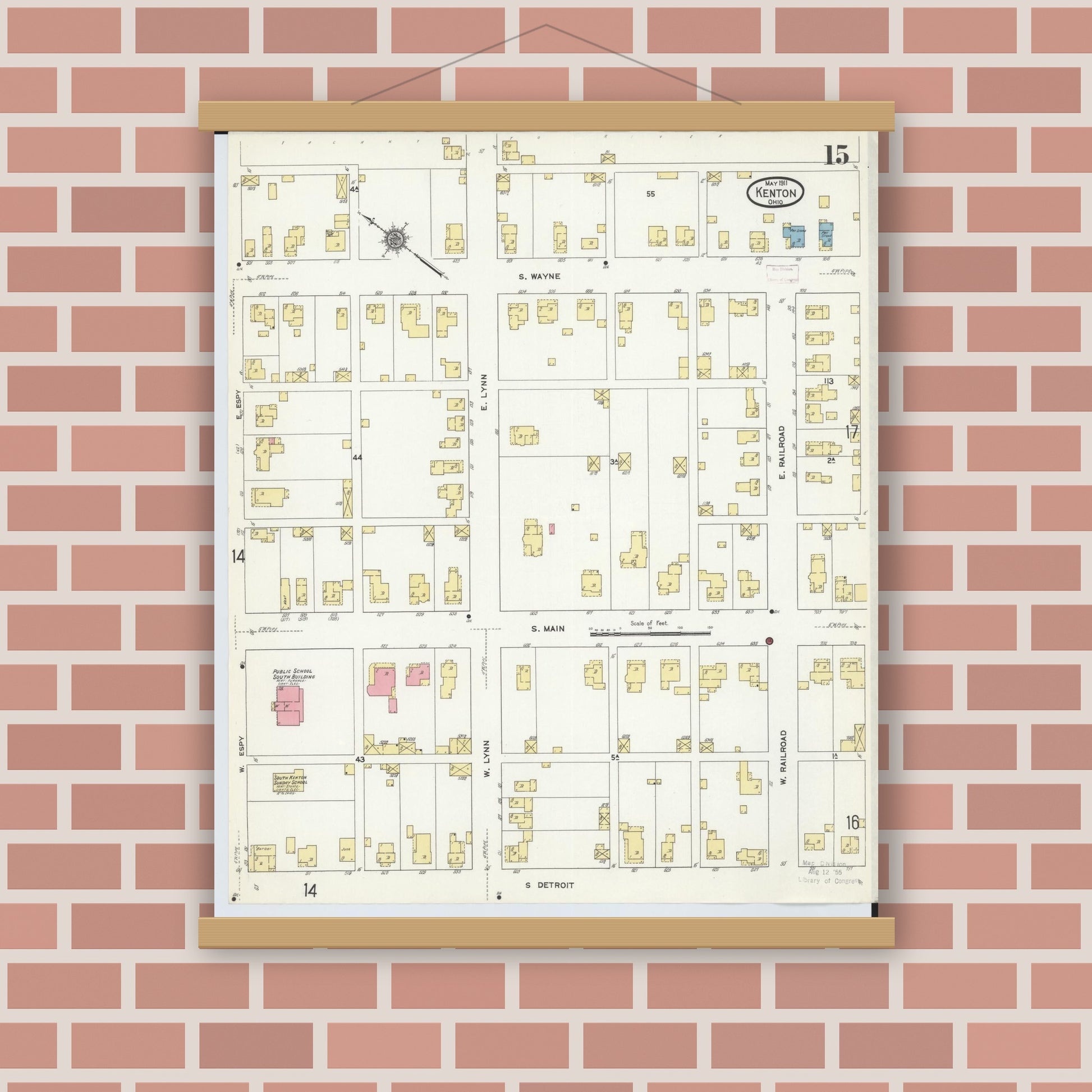Old map wall art mockup — magnetic wood frame on brick wall — Sanborn Fire Insurance Map from Kenton, Hardin County, Ohio (1911), Sheet #0015