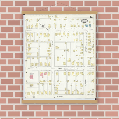 Old map wall art mockup — magnetic wood frame on brick wall — Sanborn Fire Insurance Map from Kenton, Hardin County, Ohio (1911), Sheet #0015
