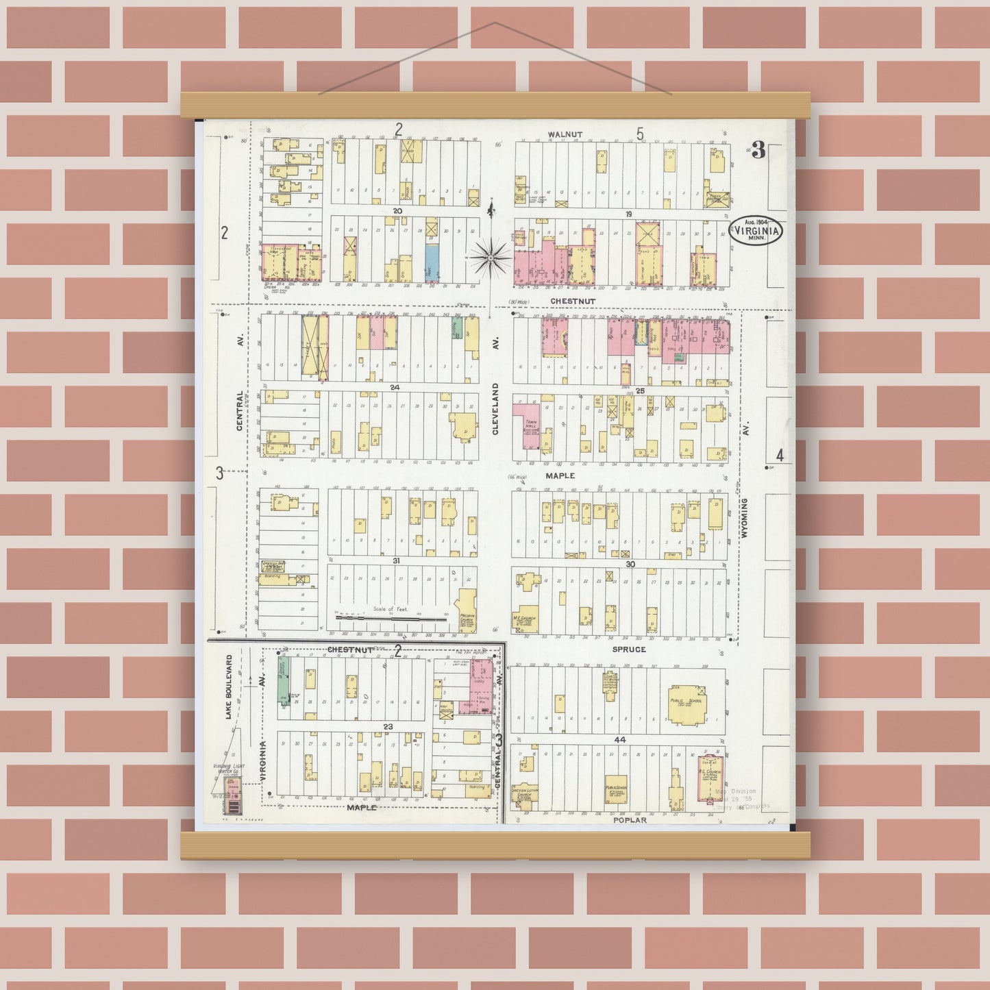 Old map wall art mockup — magnetic wood frame on brick wall — Sanborn Fire Insurance Map from Virginia, Saint Louis County, Minnesota (1904), Sheet #0003