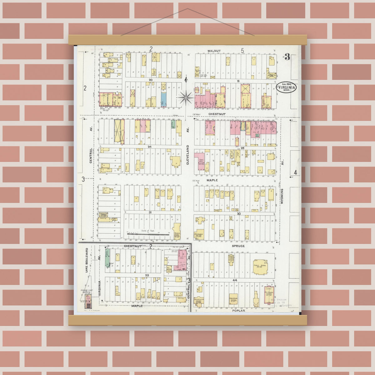 Old map wall art mockup — magnetic wood frame on brick wall — Sanborn Fire Insurance Map from Virginia, Saint Louis County, Minnesota (1904), Sheet #0003