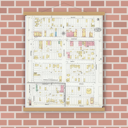 Old map wall art mockup — magnetic wood frame on brick wall — Sanborn Fire Insurance Map from Virginia, Saint Louis County, Minnesota (1904), Sheet #0003