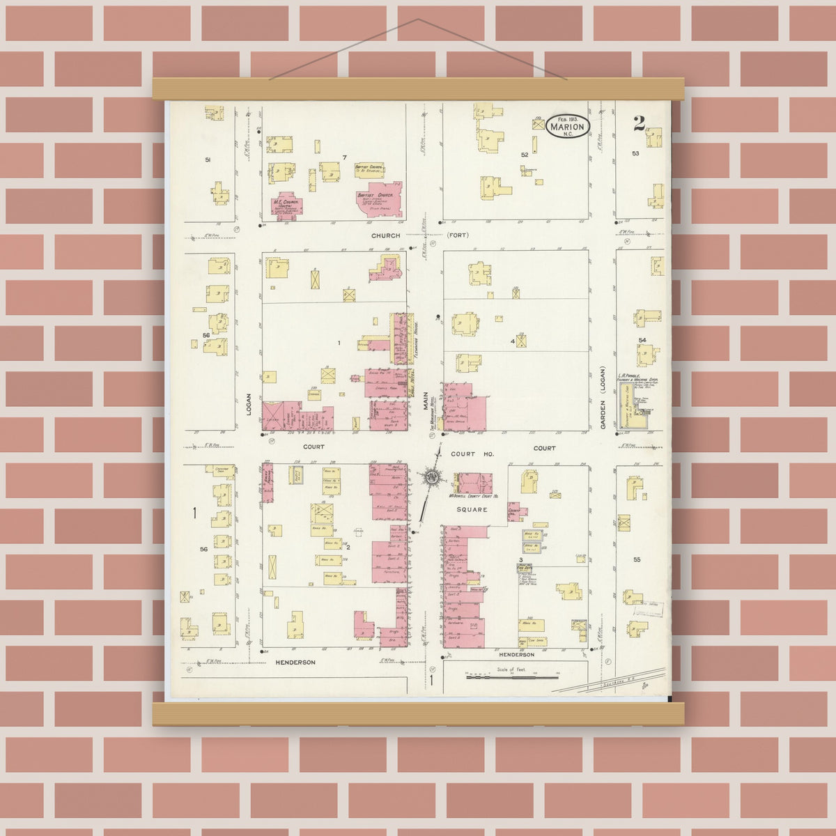 Old map wall art mockup — magnetic wood frame on brick wall — Sanborn Fire Insurance Map from Marion, Mcdowell County, North Carolina (1913), Sheet #0002