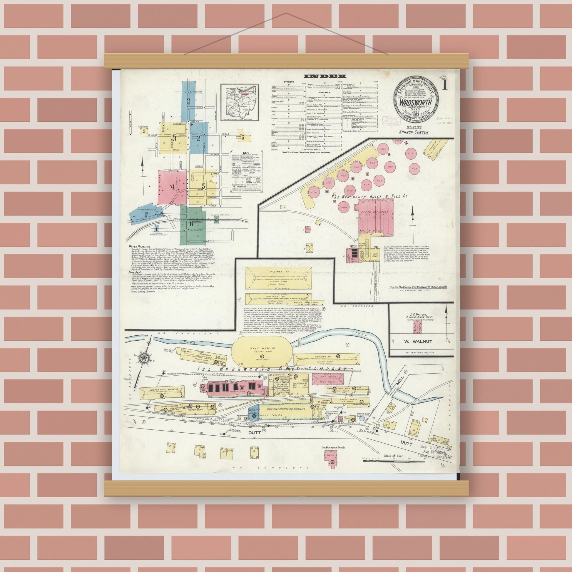 Old map wall art mockup — magnetic wood frame on brick wall — Sanborn Fire Insurance Map from Wadsworth, Medina County, Ohio (1913), Sheet #0001