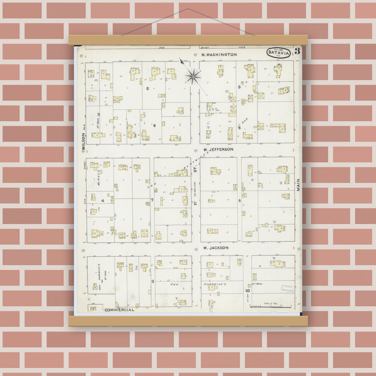 Old map wall art mockup — magnetic wood frame on brick wall — Sanborn Fire Insurance Map from Batavia, Kane County, Illinois (1891), Sheet #0003