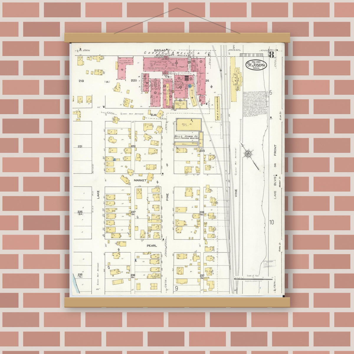 Old map wall art mockup — magnetic wood frame on brick wall — Sanborn Fire Insurance Map from Saint Joseph, Berrien County, Michigan (1921), Sheet #0008