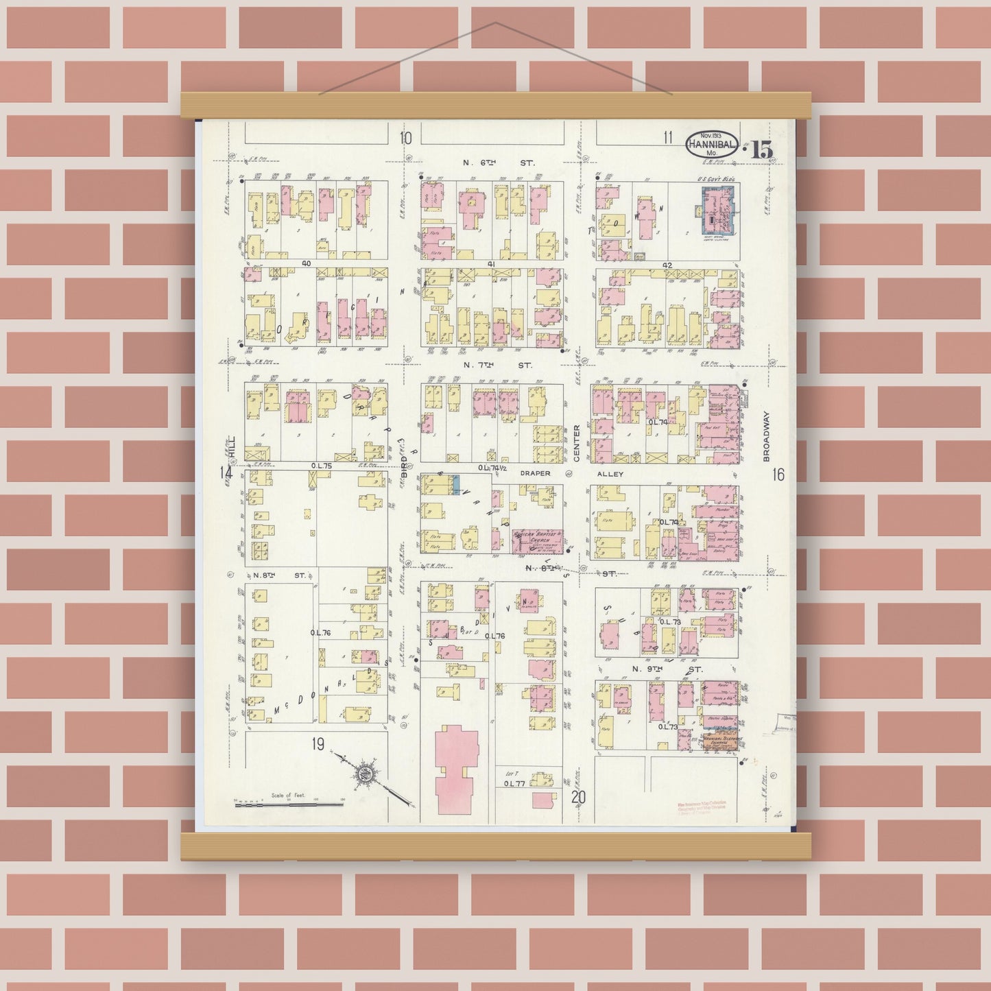 Old map wall art mockup — magnetic wood frame on brick wall — Sanborn Fire Insurance Map from Hannibal, Marion County, Missouri (1913), Sheet #0015