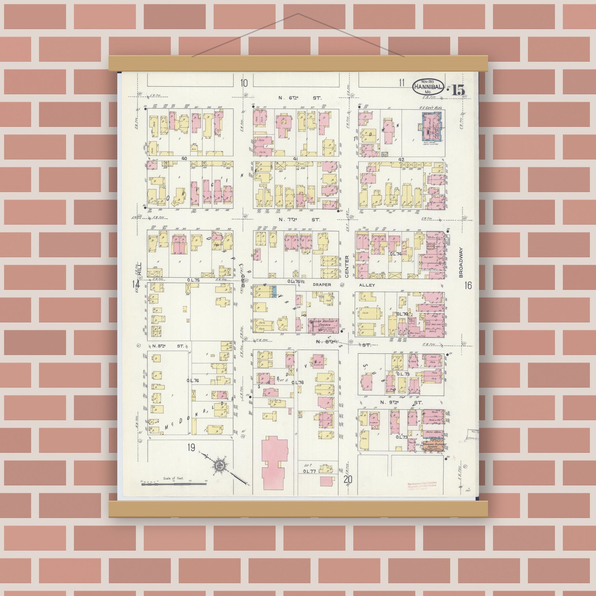 Old map wall art mockup — magnetic wood frame on brick wall — Sanborn Fire Insurance Map from Hannibal, Marion County, Missouri (1913), Sheet #0015
