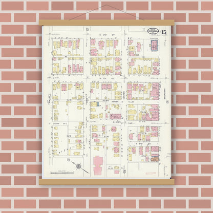 Old map wall art mockup — magnetic wood frame on brick wall — Sanborn Fire Insurance Map from Hannibal, Marion County, Missouri (1913), Sheet #0015