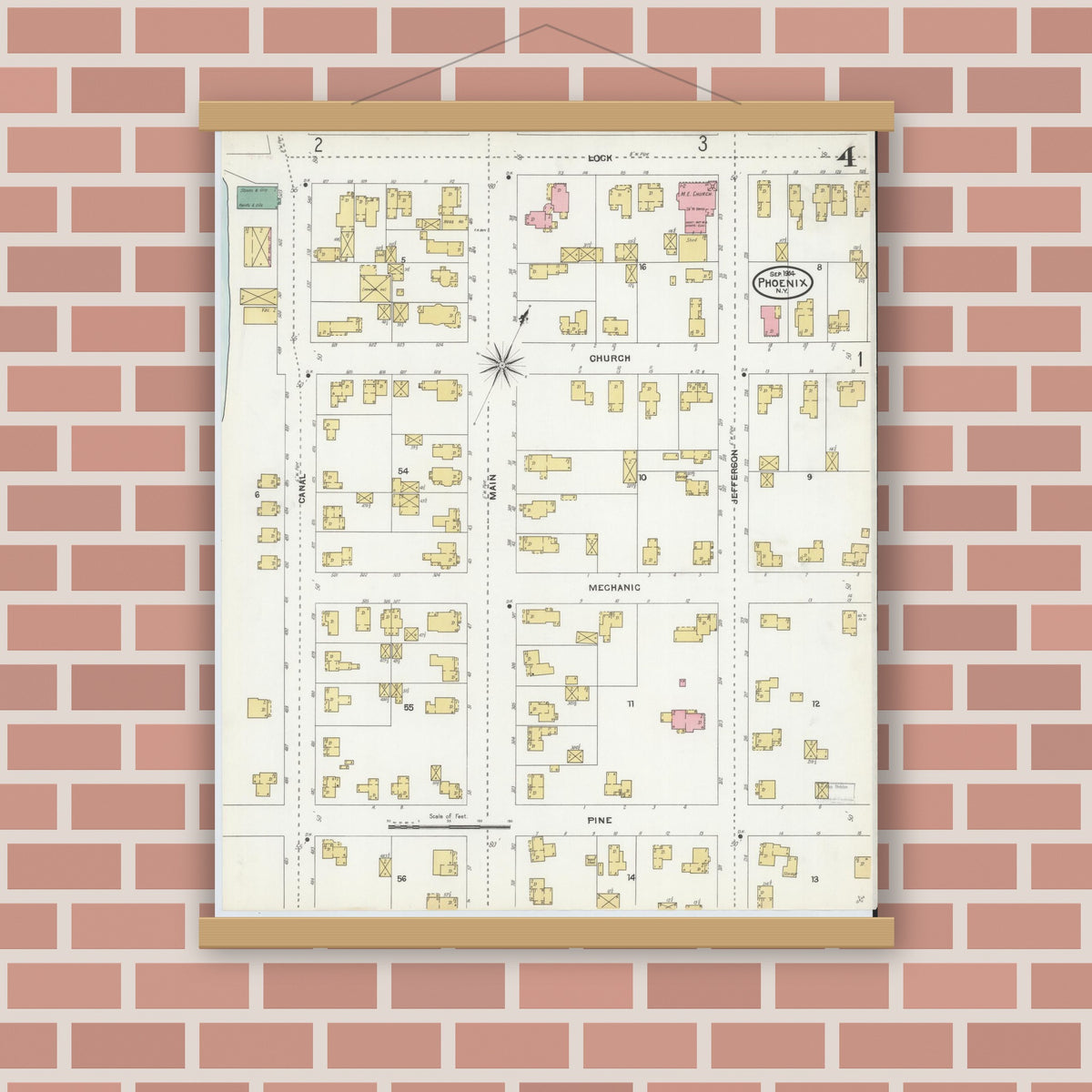 Old map wall art mockup — magnetic wood frame on brick wall — Sanborn Fire Insurance Map from Phoenix, Oswego County, New York (1904), Sheet #0004
