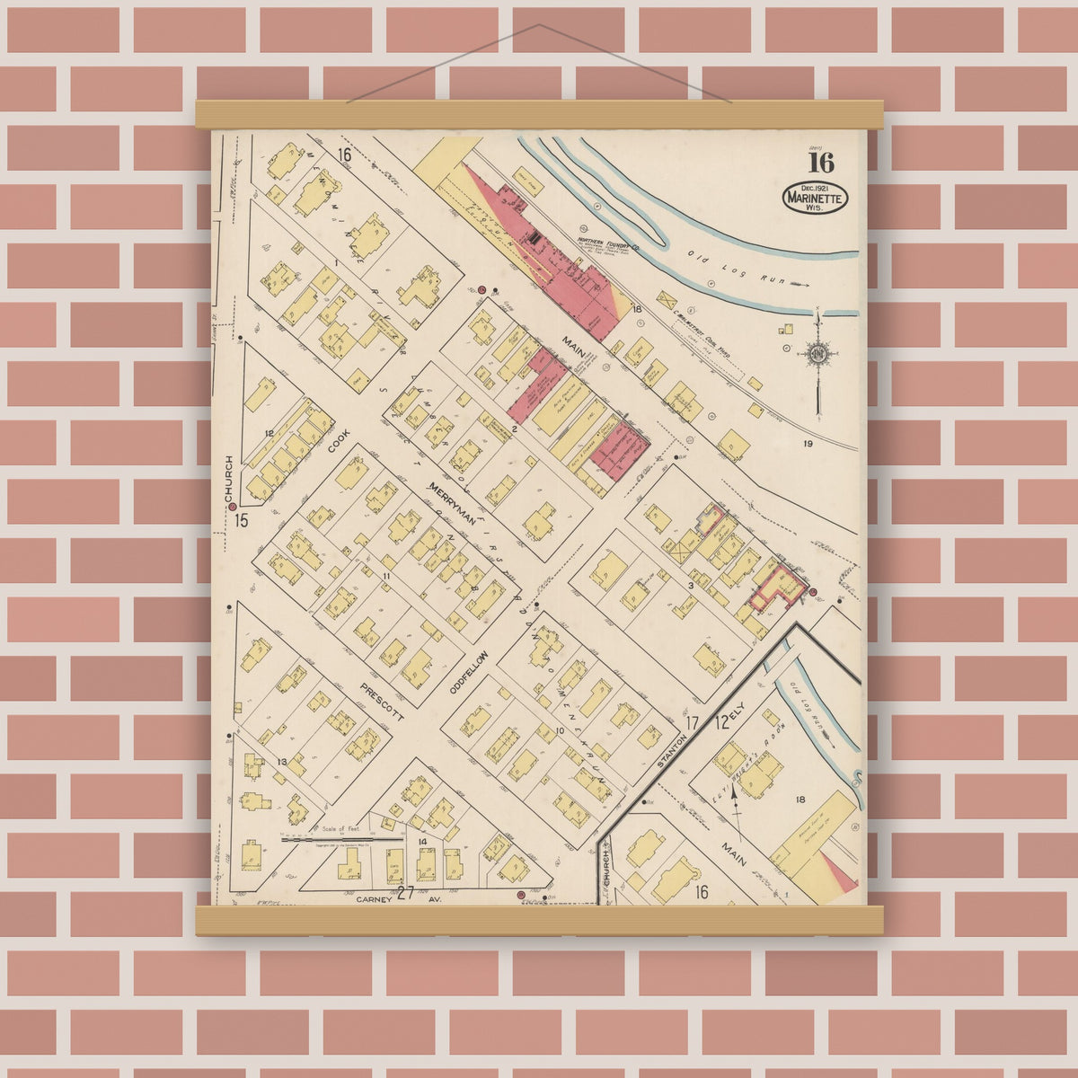 Old map wall art mockup — magnetic wood frame on brick wall — Sanborn Fire Insurance Map from Marinette, Marinette County, Wisconsin (1921), Sheet #0016