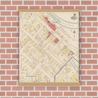 Old map wall art mockup — magnetic wood frame on brick wall — Sanborn Fire Insurance Map from Marinette, Marinette County, Wisconsin (1921), Sheet #0016