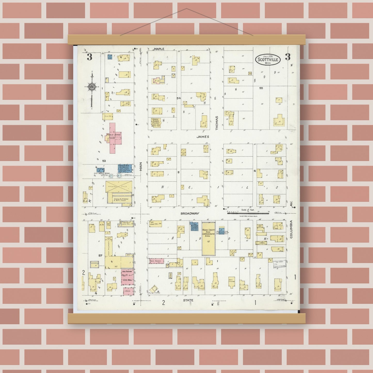 Old map wall art mockup — magnetic wood frame on brick wall — Sanborn Fire Insurance Map from Scottville, Mason County, Michigan (1924), Sheet #0003