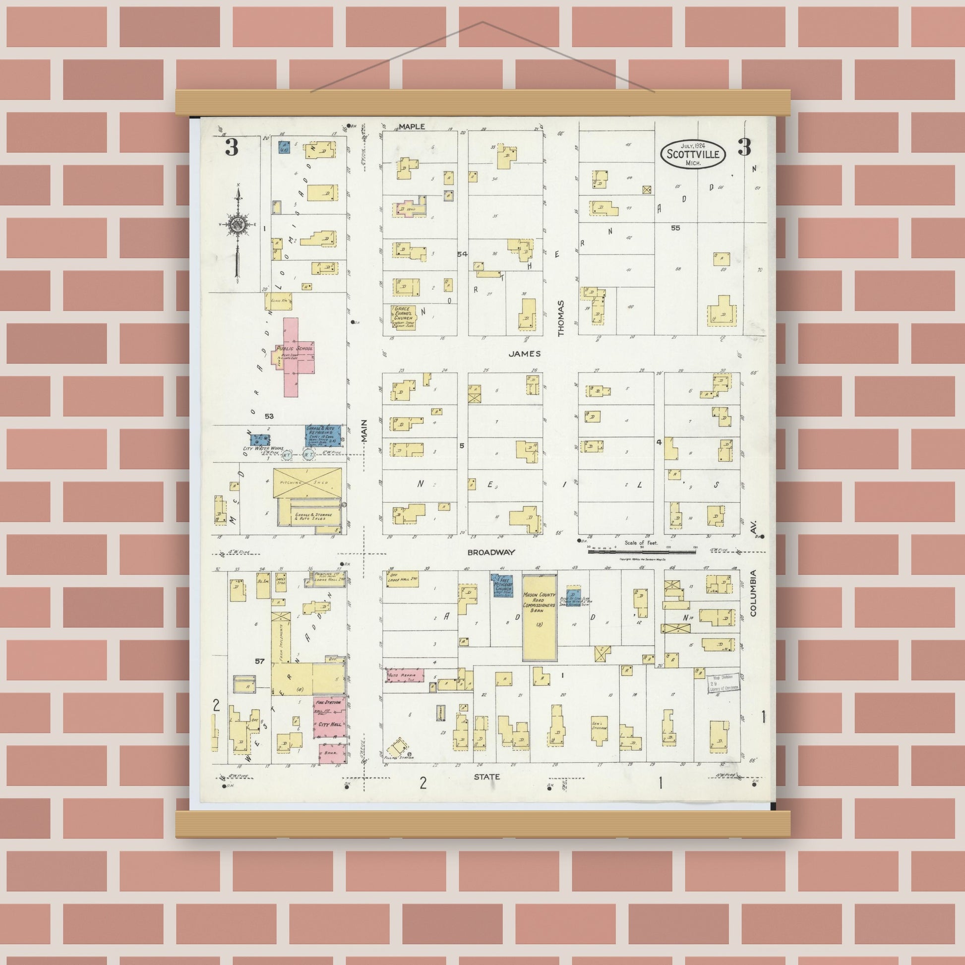 Old map wall art mockup — magnetic wood frame on brick wall — Sanborn Fire Insurance Map from Scottville, Mason County, Michigan (1924), Sheet #0003