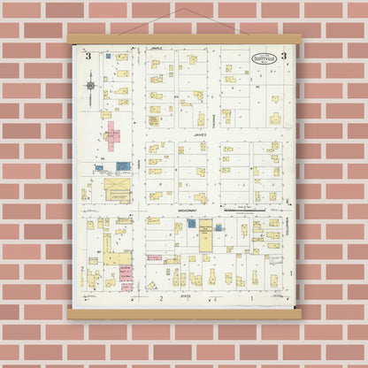 Old map wall art mockup — magnetic wood frame on brick wall — Sanborn Fire Insurance Map from Scottville, Mason County, Michigan (1924), Sheet #0003