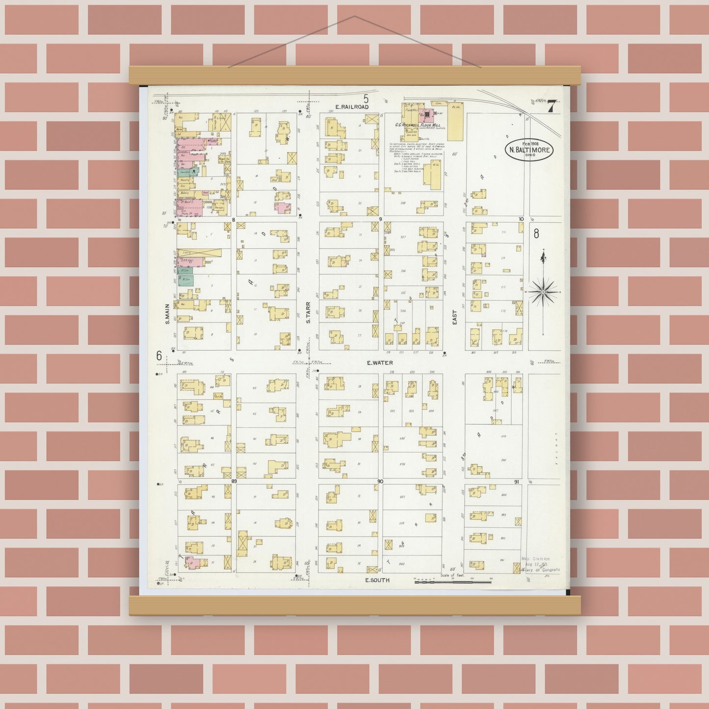 Old map wall art mockup — magnetic wood frame on brick wall — Sanborn Fire Insurance Map from North Baltimore, Wood County, Ohio (1908), Sheet #0007