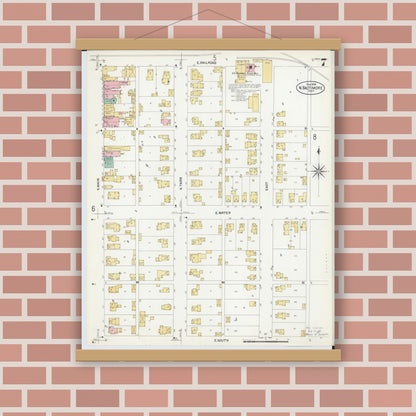Old map wall art mockup — magnetic wood frame on brick wall — Sanborn Fire Insurance Map from North Baltimore, Wood County, Ohio (1908), Sheet #0007