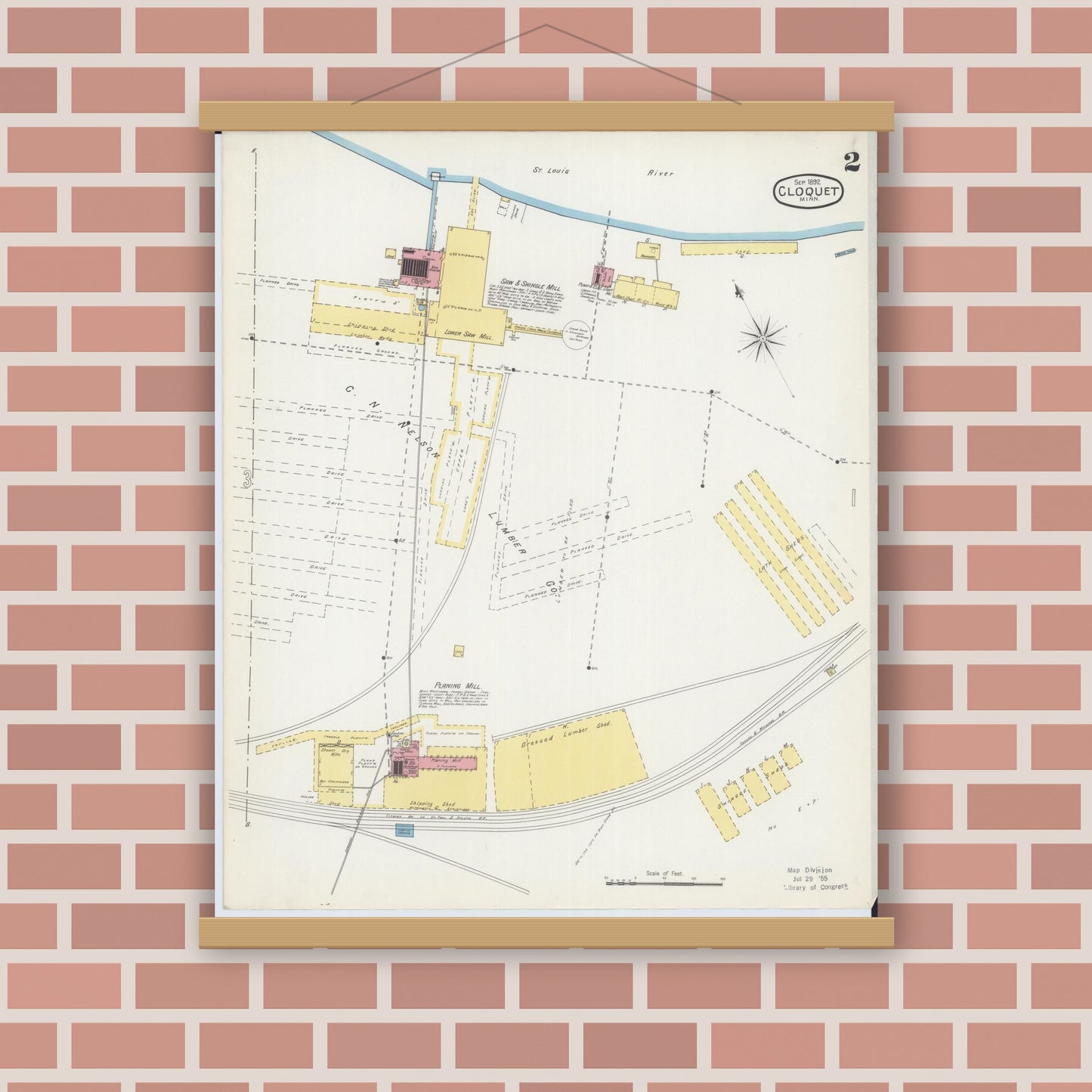 Old map wall art mockup — magnetic wood frame on brick wall — Sanborn Fire Insurance Map from Cloquet, Carlton County, Minnesota (1892), Sheet #0002