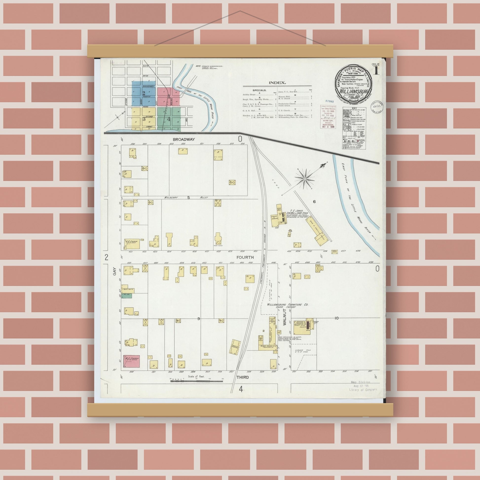 Old map wall art mockup — magnetic wood frame on brick wall — Sanborn Fire Insurance Map from Williamsburg, Clermont County, Ohio (1900) - Complete Map Set