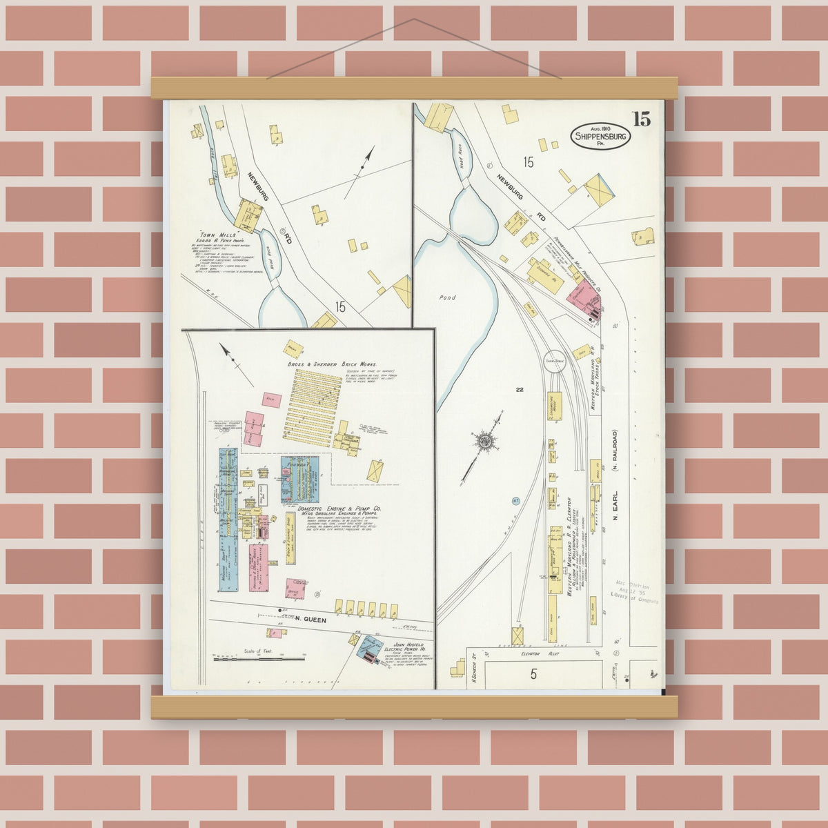 Old map wall art mockup — magnetic wood frame on brick wall — Sanborn Fire Insurance Map from Shippensburg, Cumberland And Franklin Counties, Pennsylvania (1910), Sheet #0015